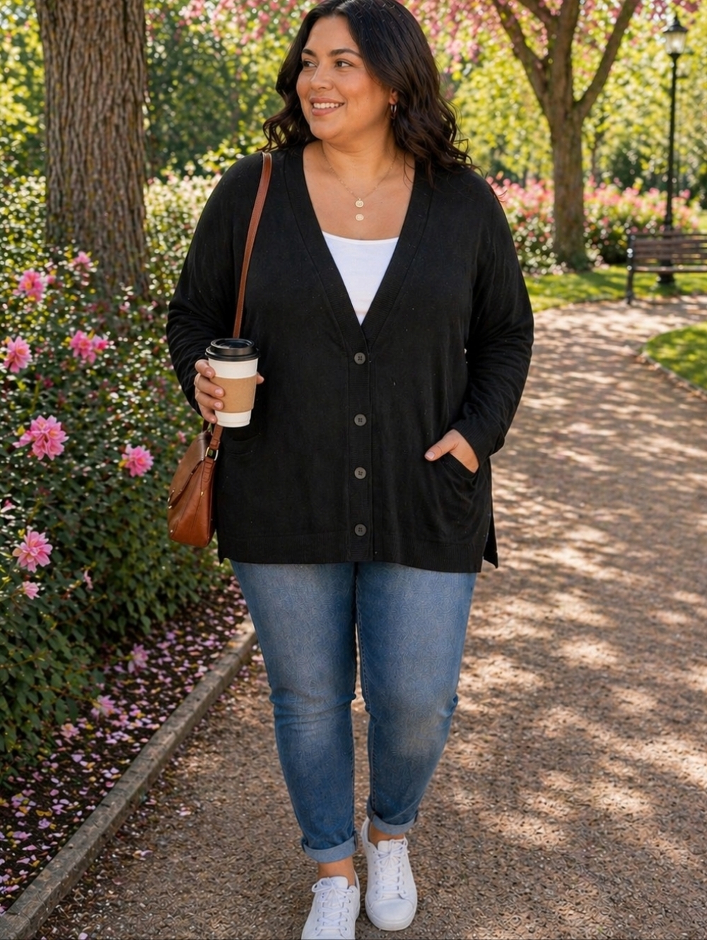 Penningtons Black Boyfriend Cardigan 1X | Button Front Lightweight Knit Plus